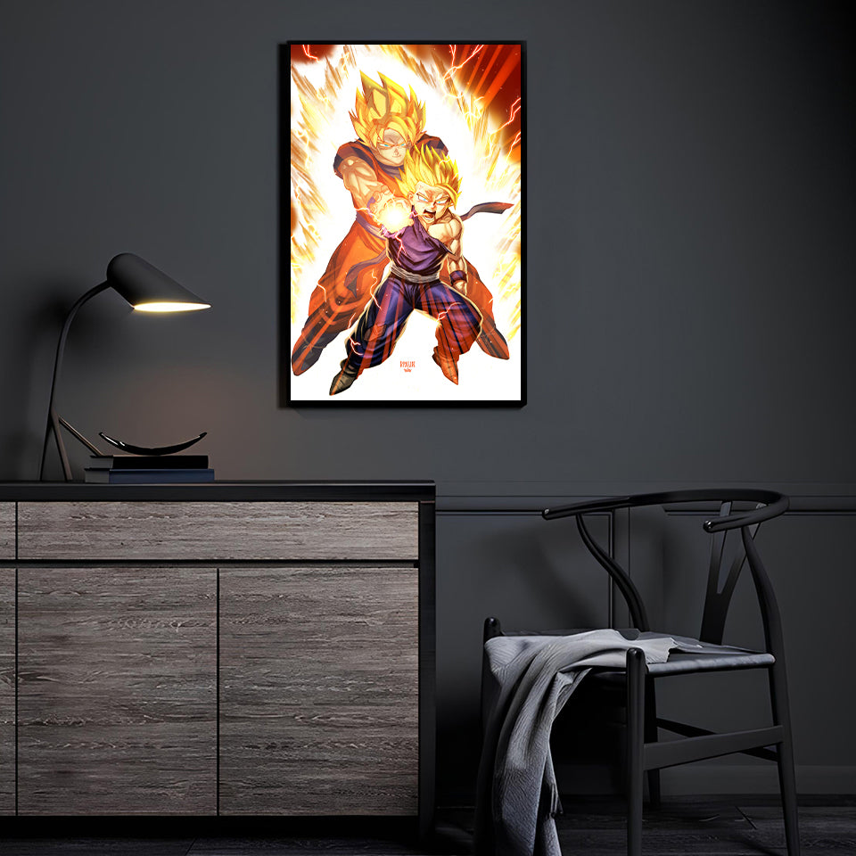 11x17 photo print of Super Saiyan Gohan unleashing a Kamehameha with Goku’s spirit behind him