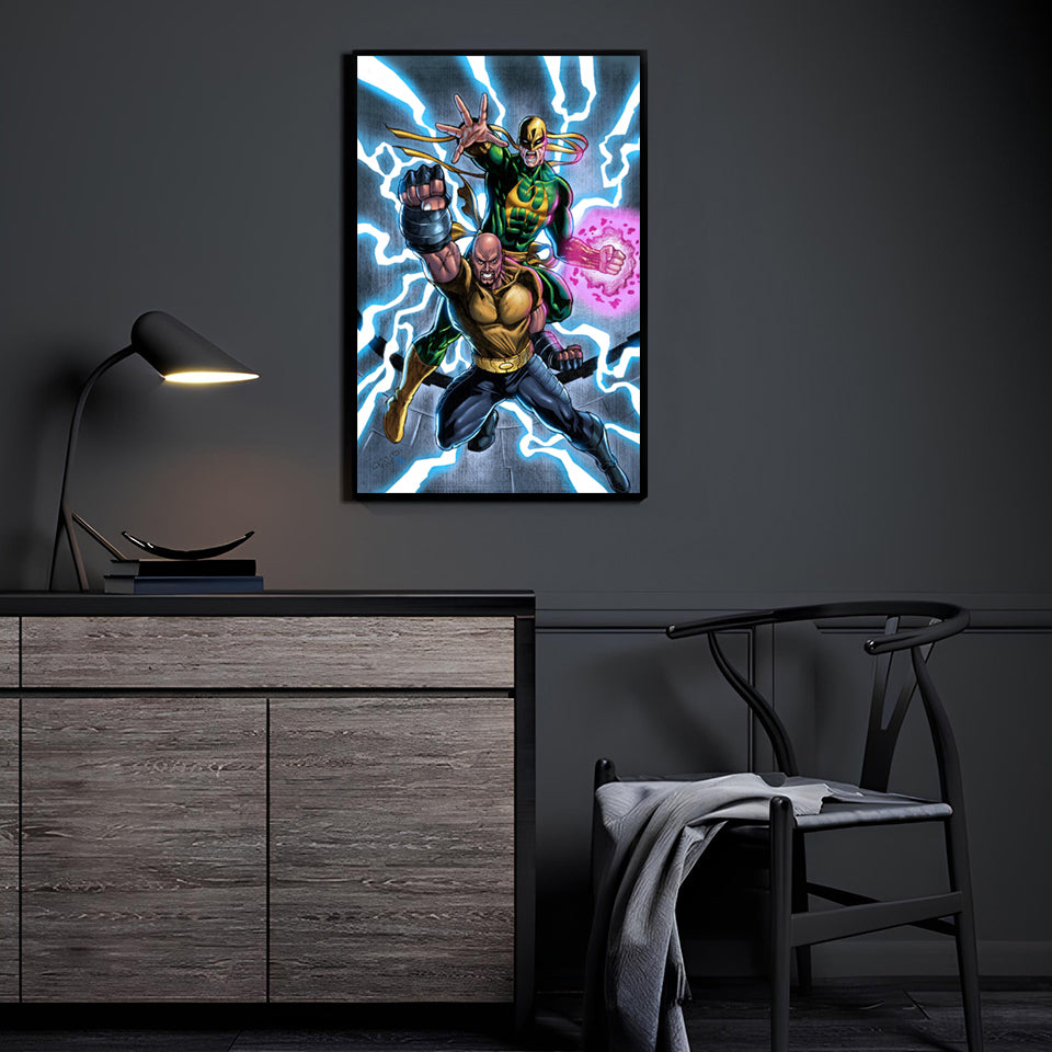 Luke Cage and Iron Fist wall art displayed in a modern interior setting featuring the Heroes for Hire duo posed in a powerful action stance surrounded by crackling energy effects | Snapping Turtle Gallery