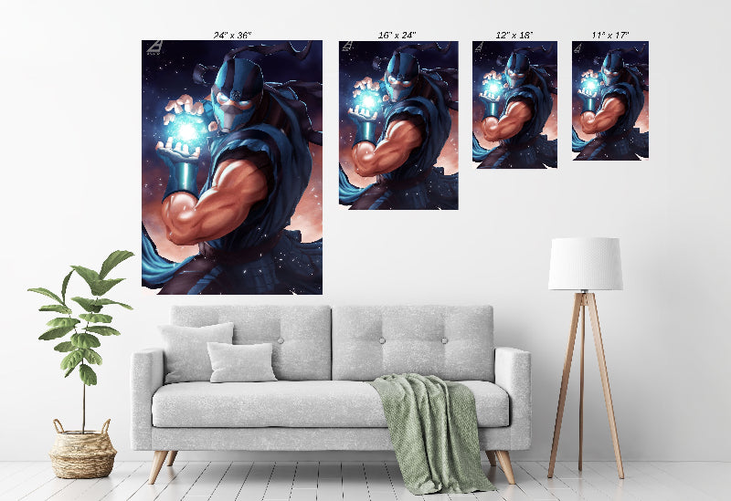 Room mockup—Frozen Fist Legacy framed on wall, gaming-room centerpiece.
