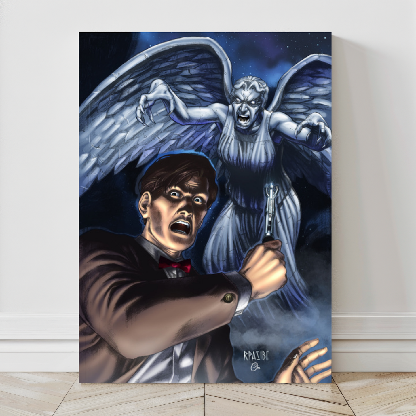 Alt Text: Canvas wall art featuring the Tenth Doctor and a terrifying Weeping Angel, detailed comic-style art by Ryan Pasibe