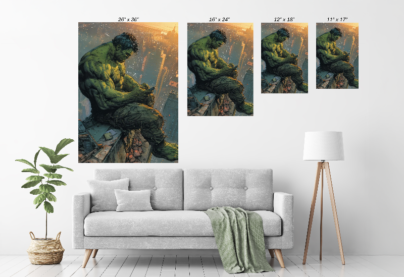 Size Chart of Hulk sitting on rooftop at sunset