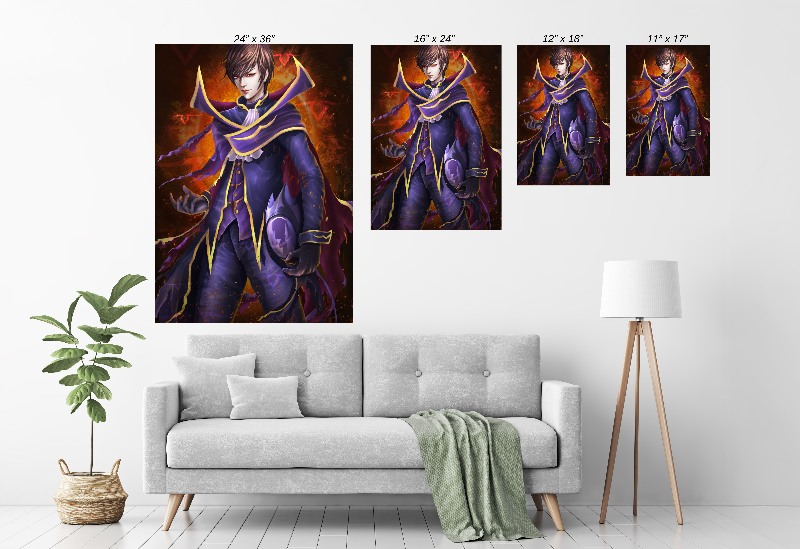 Size Chart print of Lelouch as Zero from Code Geass in powerful flame-lit pose