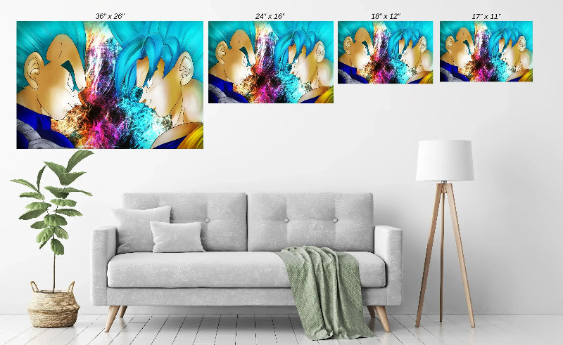Size Chart anime print of Goku and Vegeta in blue-haired forms preparing for battle