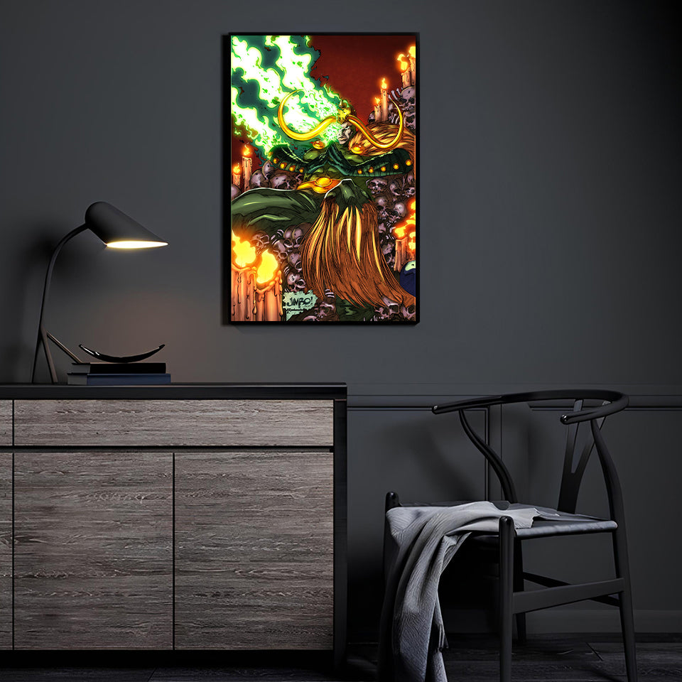 Loki Marvel Wall Art Room Mockup by Jimbo Salgado & Splash Colors – God of Mischief Inferno