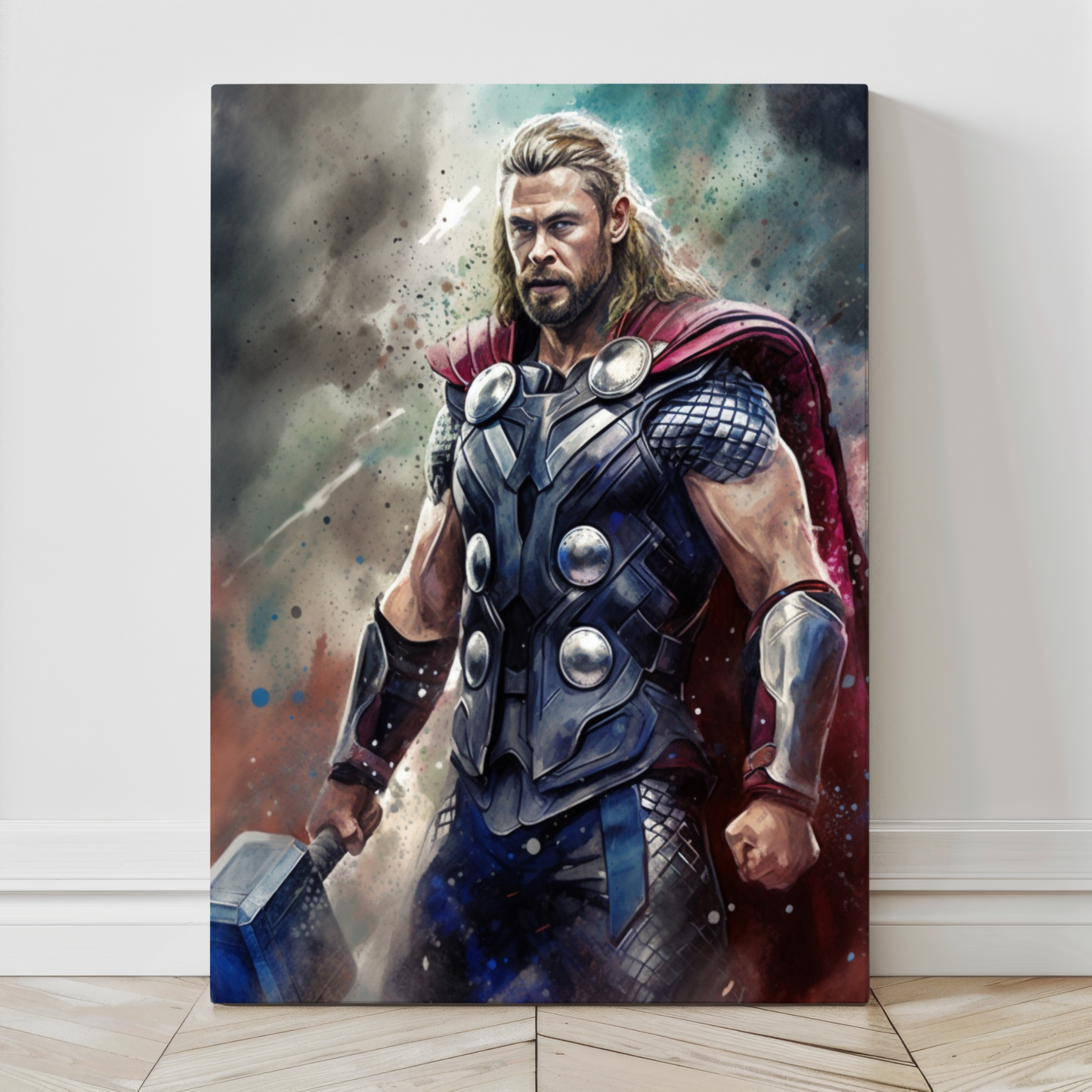 24x36 canvas of thunder god in armor holding Mjolnir – Marvel-style fantasy wall art.