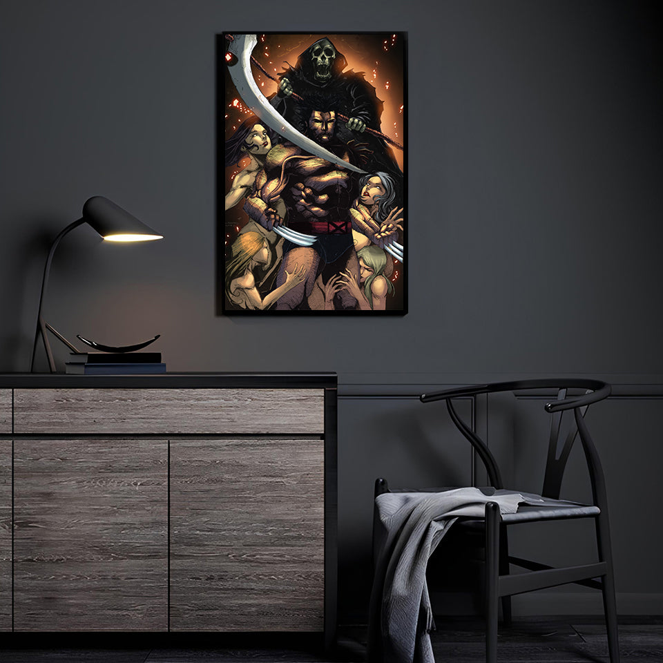 Poster print of Wolverine surrounded by women with Death looming behind holding a scythe
