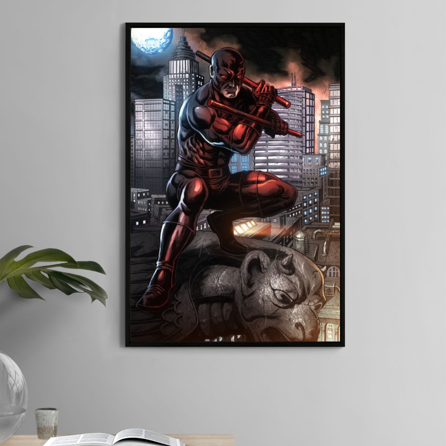 Daredevil crouched on gargoyle rooftop over NYC skyline, 11x17 comic art print