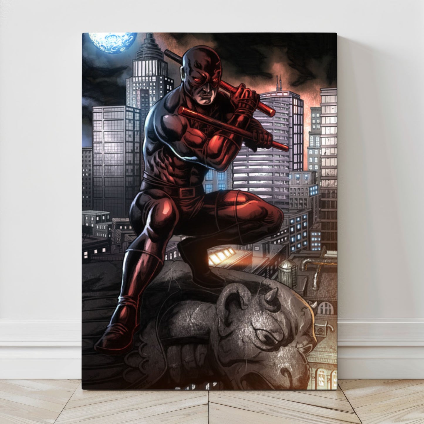 24x36 canvas print of Daredevil in rooftop crouch with batons and moonlit NYC