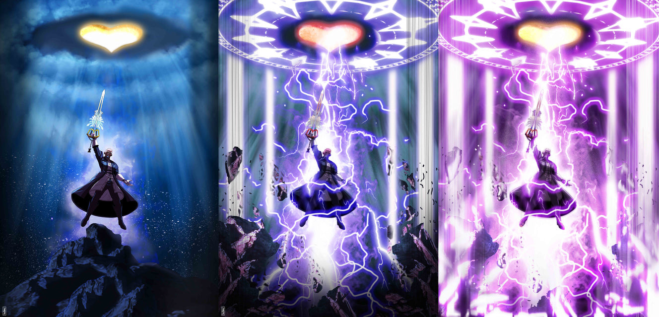 Canvas print of triptych-style energy evolution featuring anime sword wielder