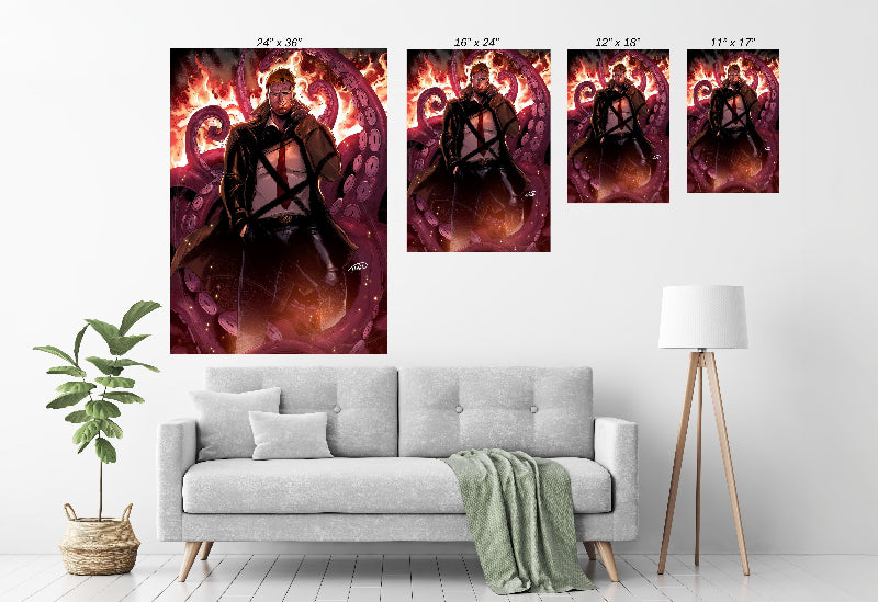Room mockup — Hellbound Detective framed on wall; moody comics-noir centerpiece.