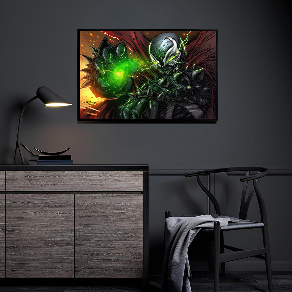 Large 24x36 canvas of spiked demonic warrior conjuring hellish green flames