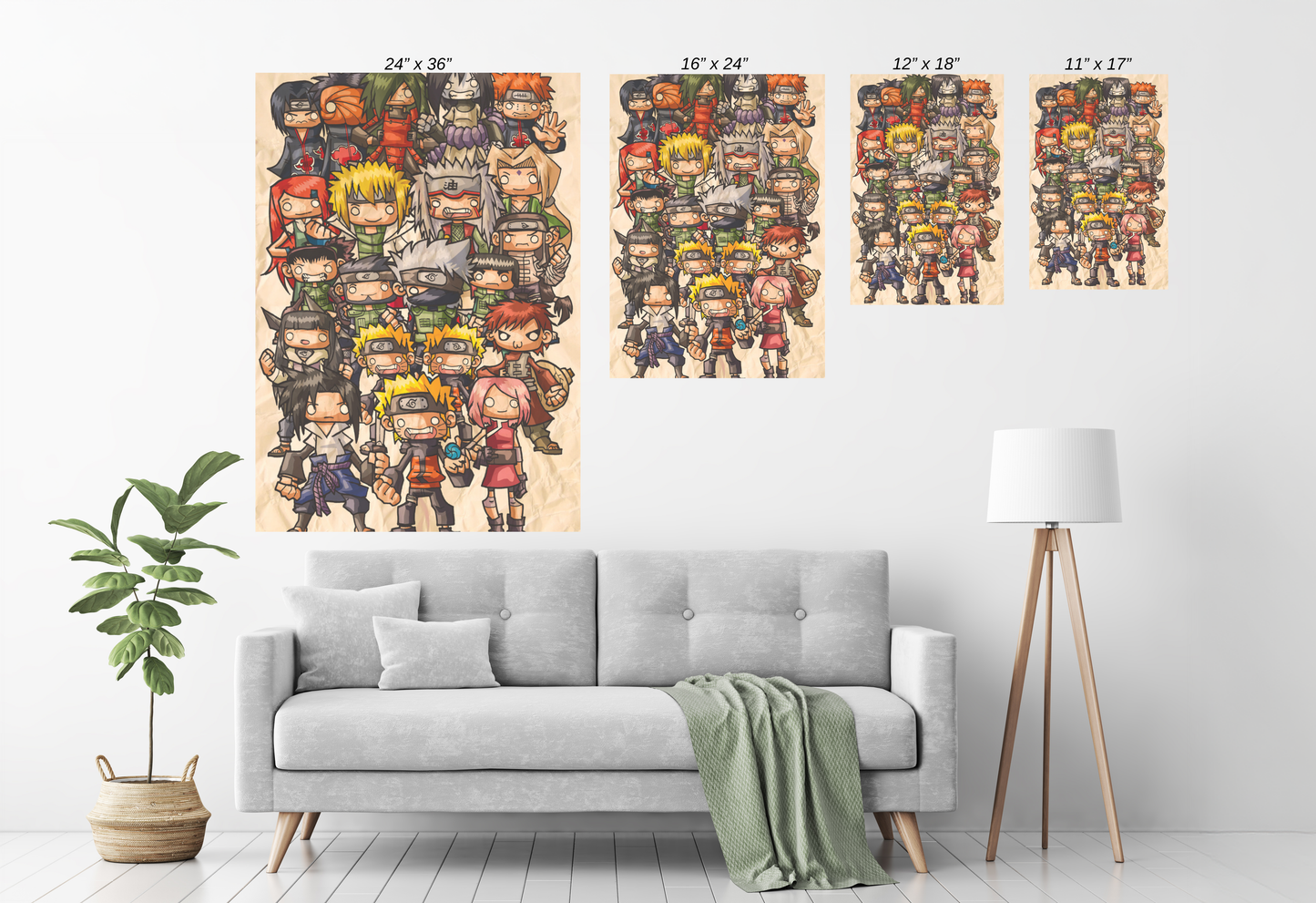 Size Chart acrylic full-cast Naruto artwork on parchment-style background