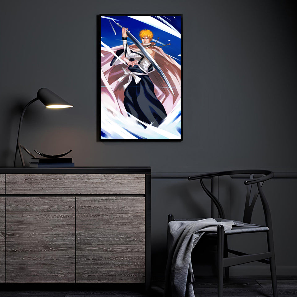 Bleach Ichigo wall art displayed in a modern interior, adding high-energy anime action and bold sword-focused artwork to contemporary wall décor