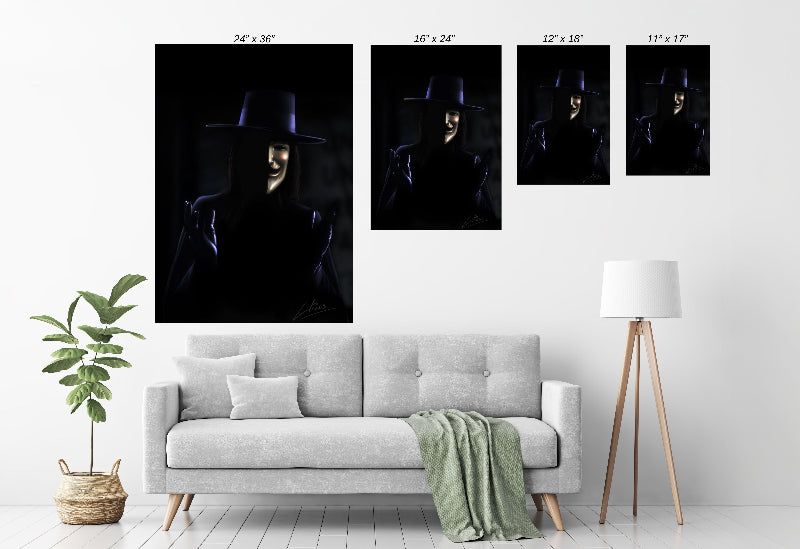 Room mockup — framed, V-inspired mask portrait as moody focal point in modern space.