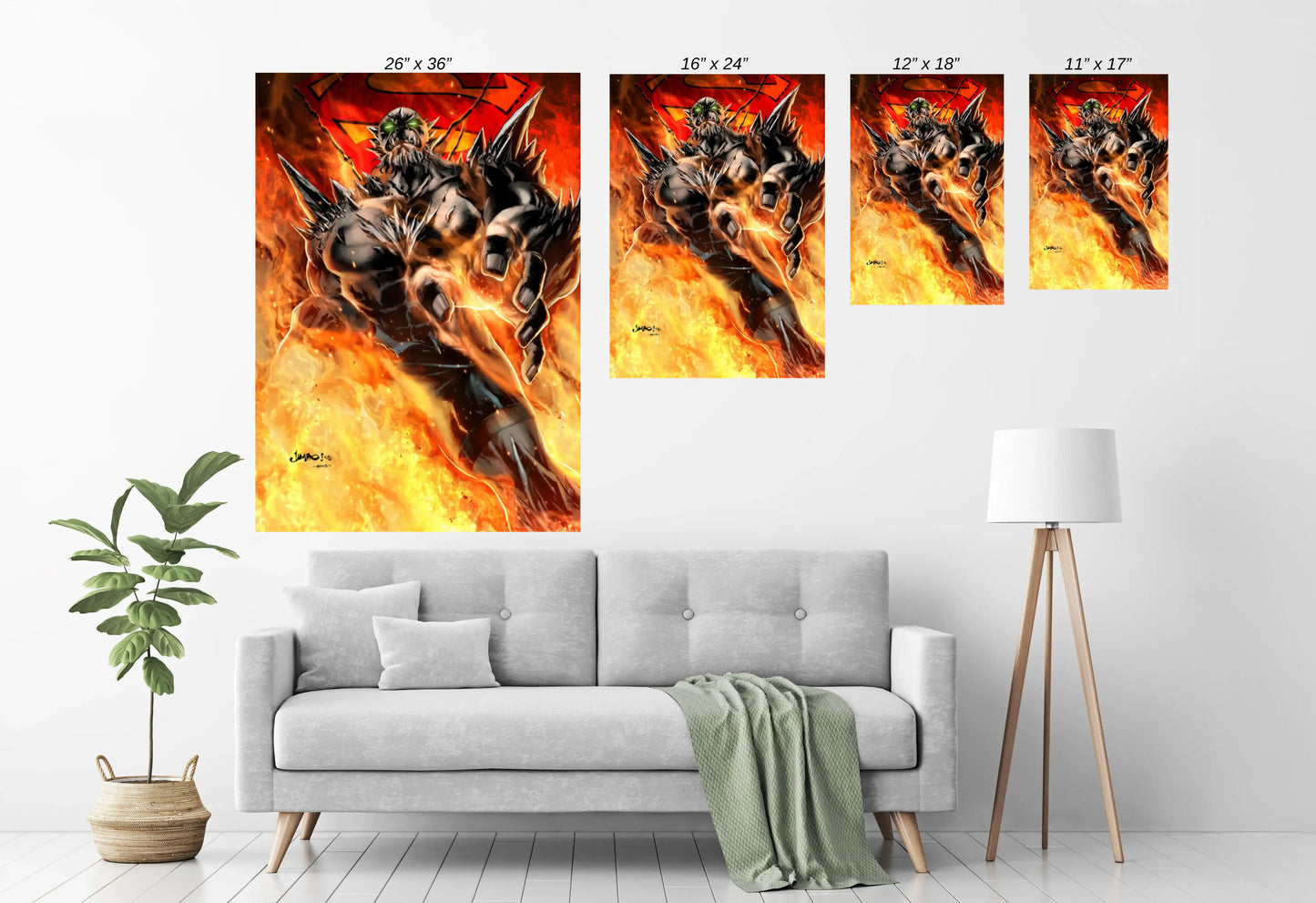 poster print of Doomsday in flames with Superman logo and sharp spikes