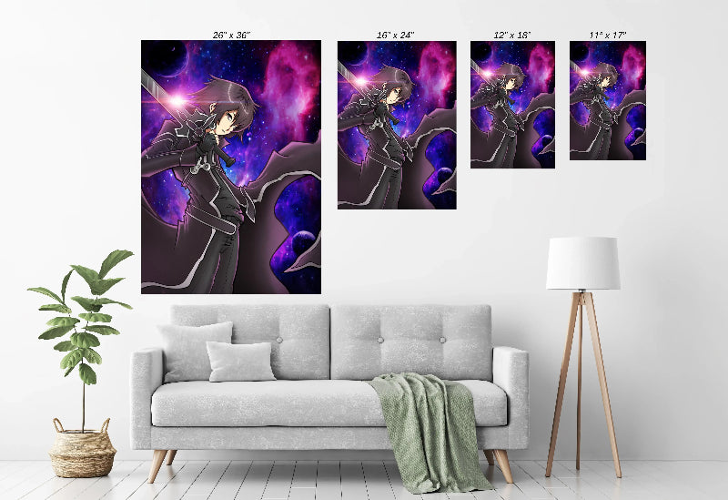 anime poster of Kirito with cosmic background and sword drawn in space