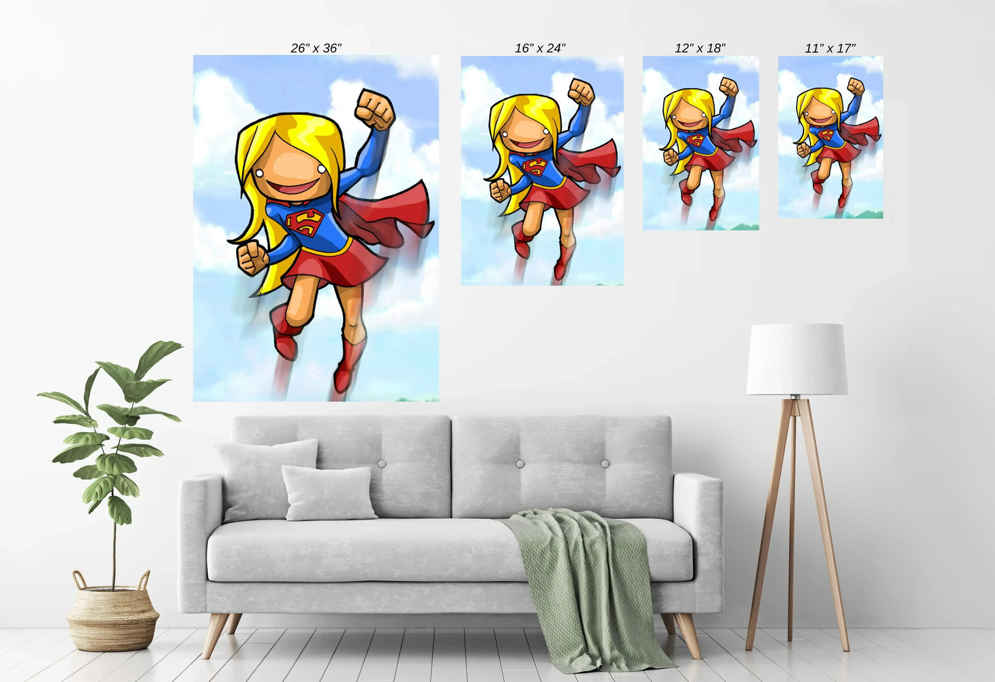 11x17 poster of flying chibi Supergirl with happy expression and windswept cape