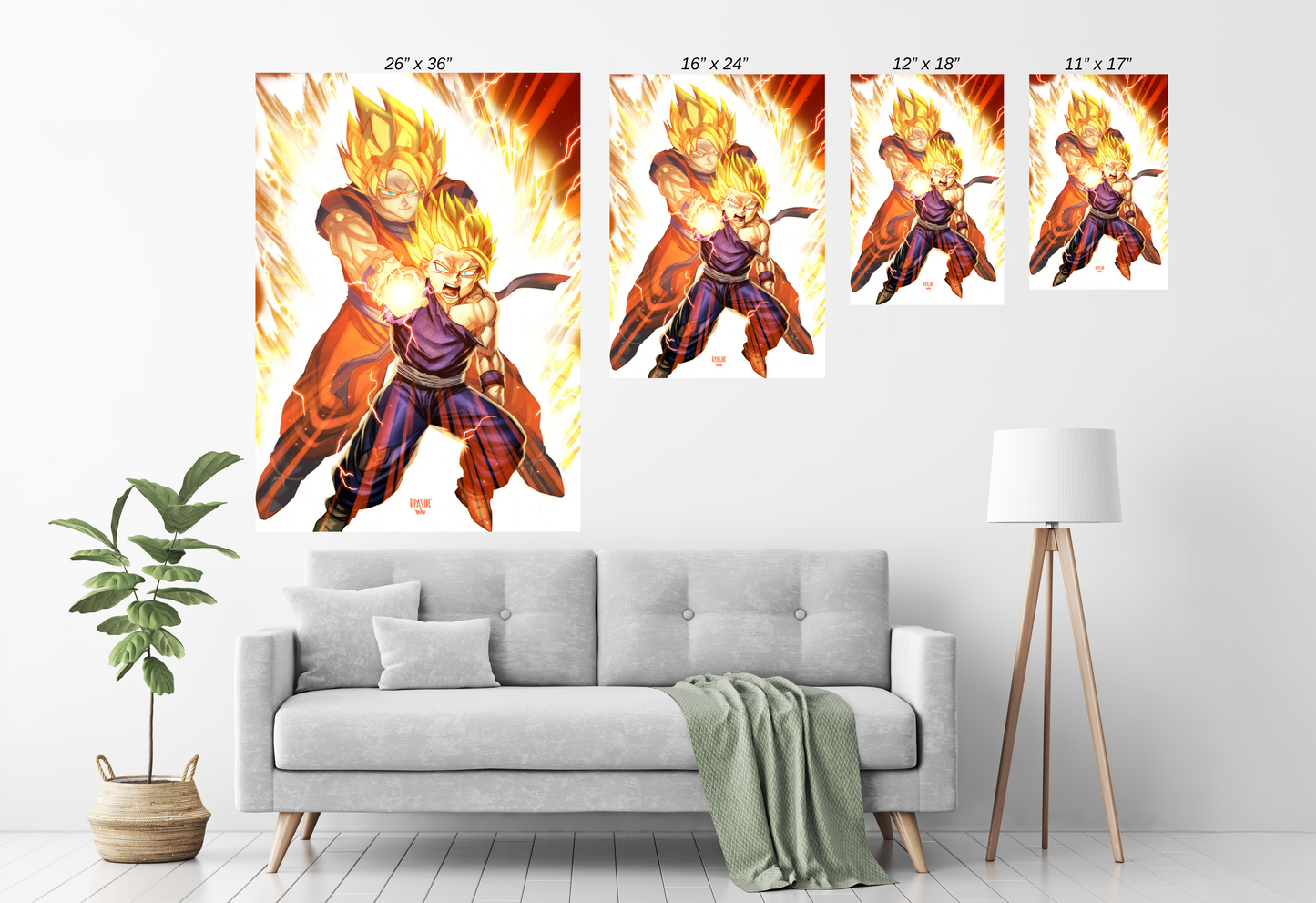 Alt Text: Goku guiding Gohan energy attack – size chart large canvas fan art by Ryan Pasibe