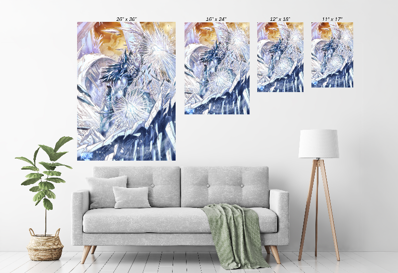 Alt Text: size chart Mutant Iceman shattering through ice in a high-energy canvas print by Ryan Pasibe