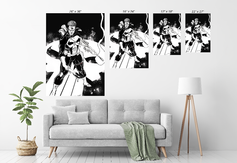 Alt Text: Striking Punisher metal wall art by Ernest Dickinson – black and white, high-contrast finish – Wall Chart size – Snapping Turtle Gallery