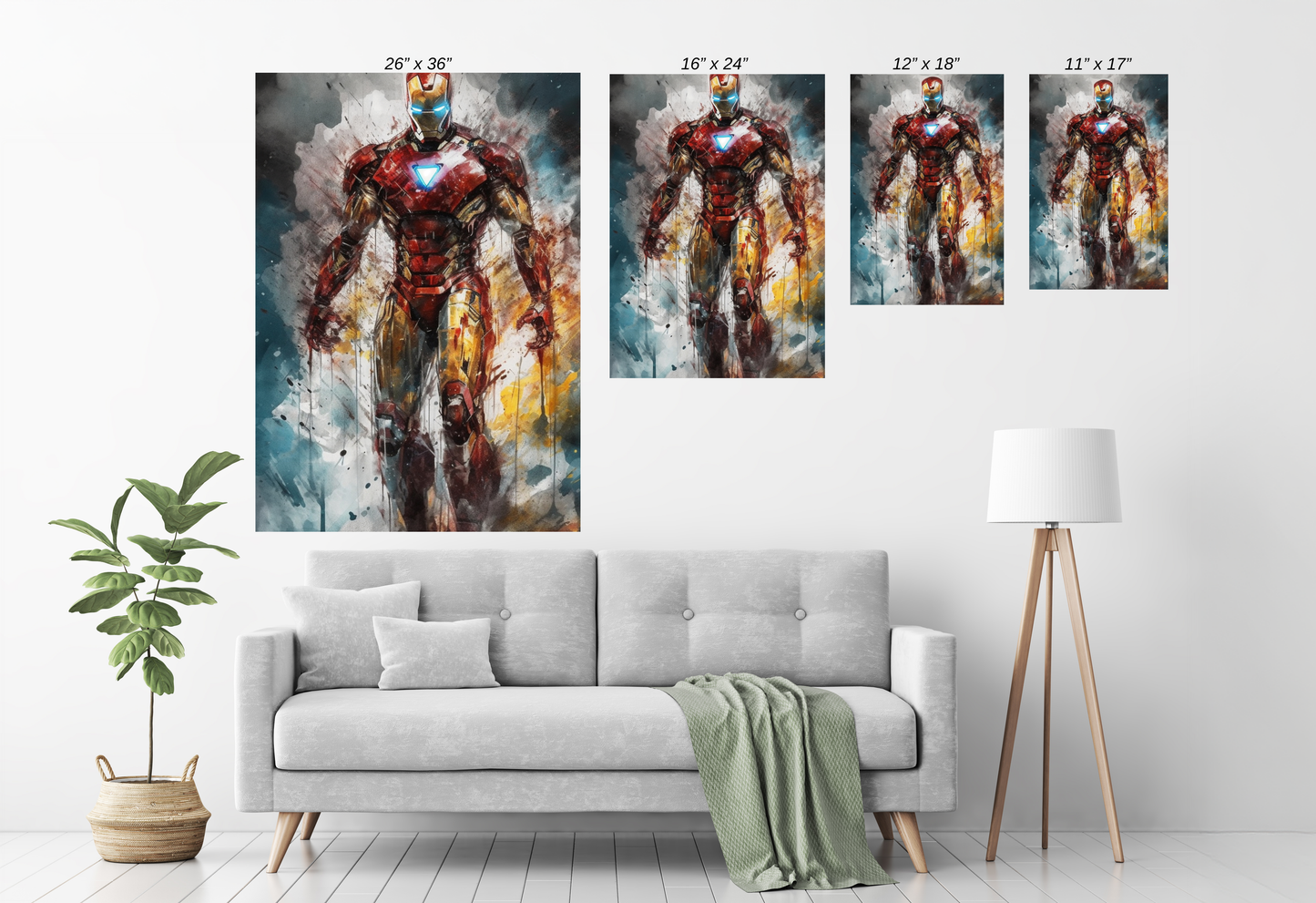 Ironman Watercolors Wall Art on Size Chart canvas, acrylic, and metal – front view