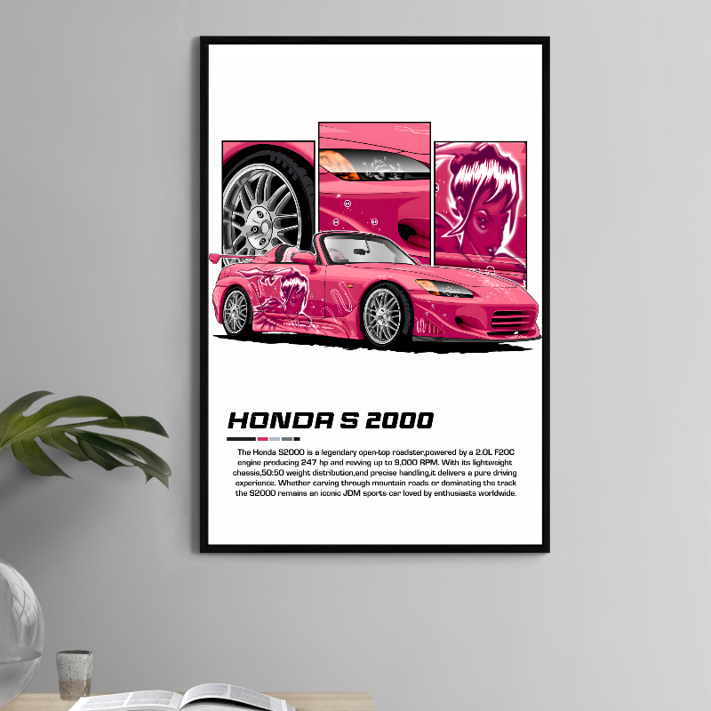 11x17 print of pink Honda S2000 with anime girl livery and tuner style