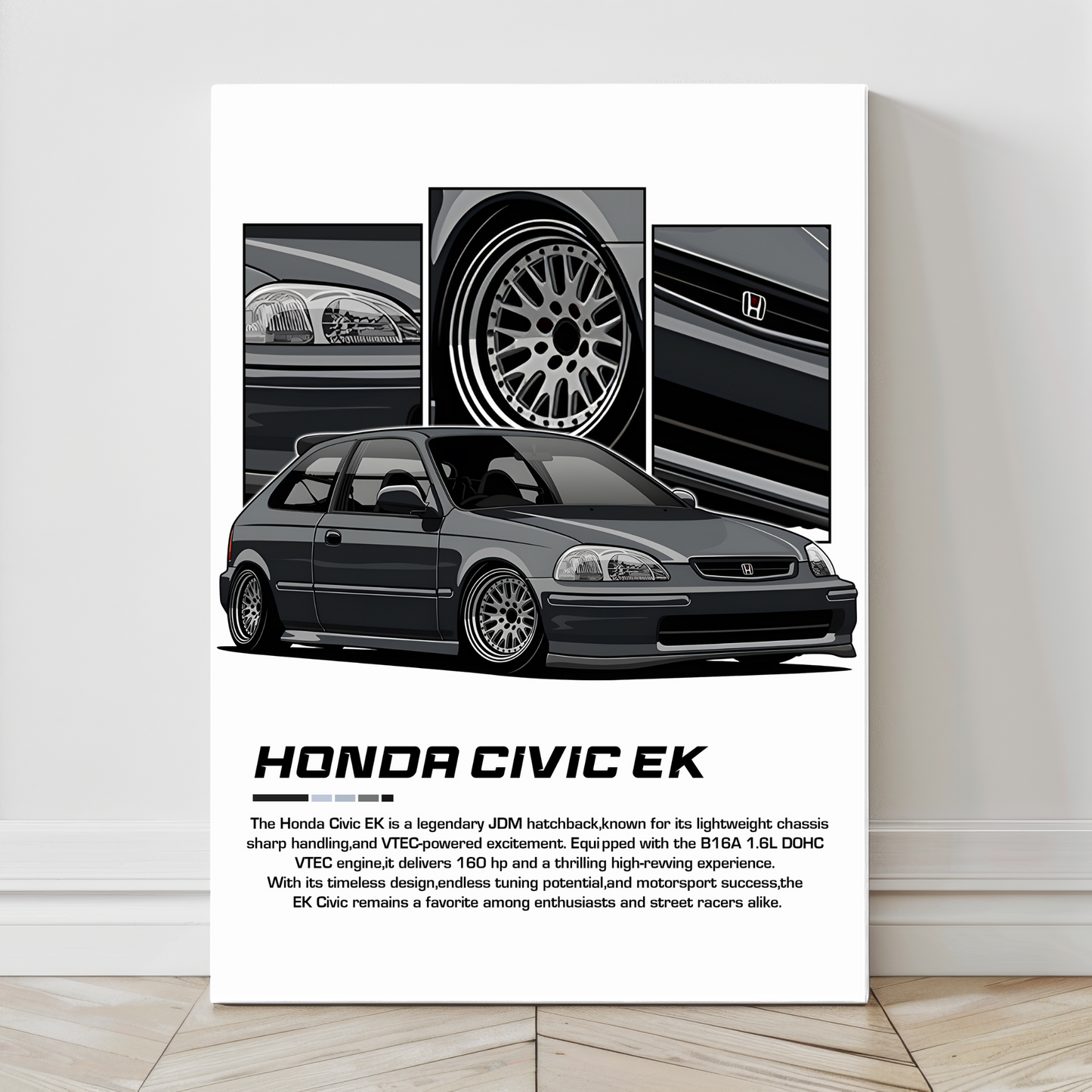 12x18 metal print of JDM Civic EK build with close-up tuning features