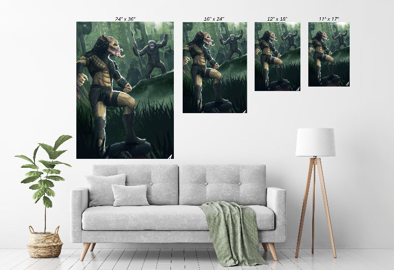 Room mockup — framed jungle battle scene as a bold centerpiece in a modern space.
