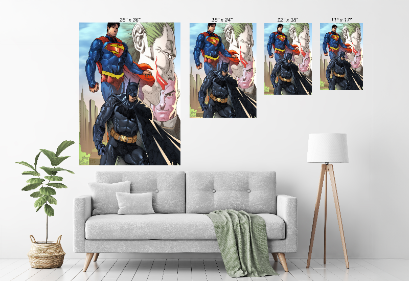 Superman and Batman vs Joker and Lex Luthor – Size Chart comic-style print by Jey Soliva