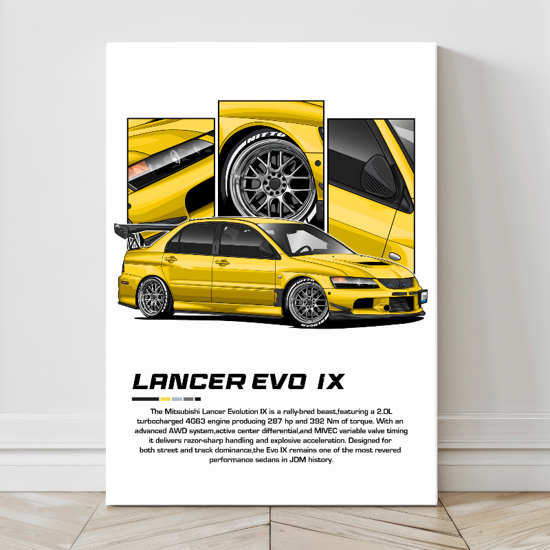 24x36 canvas featuring Lancer Evolution IX in vibrant yellow, rally heritage art
