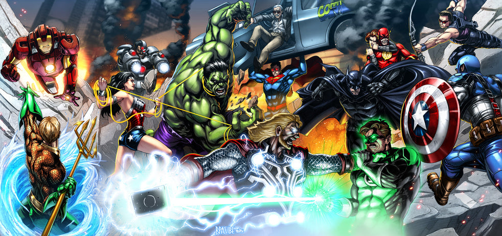 Poster print of epic superhero clash between Marvel and DC-style heroes