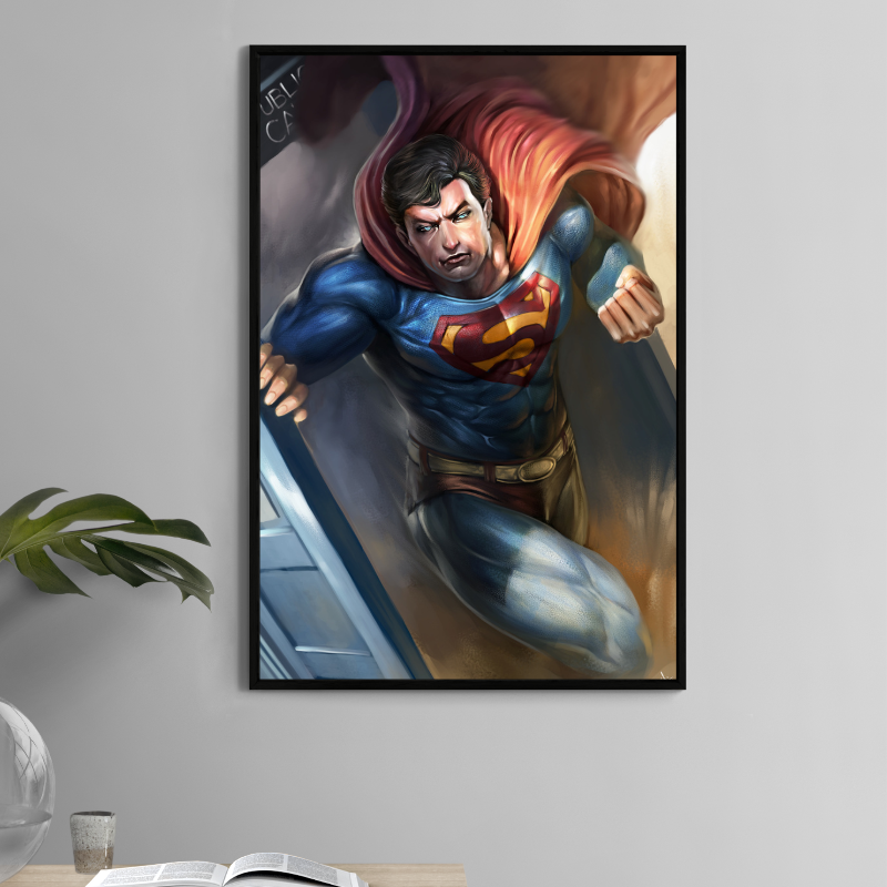 Superman emerging from phone booth on 11x17 print with Doctor Who crossover energy.