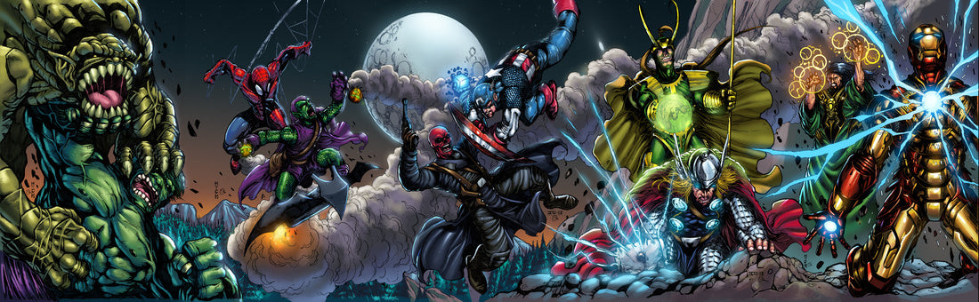 Panoramic Marvel canvas print of Thor, Iron Man, Doctor Strange, Loki, and more