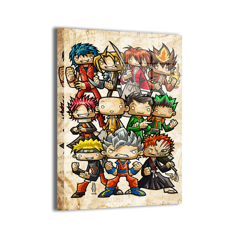 Anime Brawler Squad Metal Print — Goku, Naruto, Luffy, Ichigo & Gon; artwork by Jeff Benitez; modern metallic finish, ready to hang.