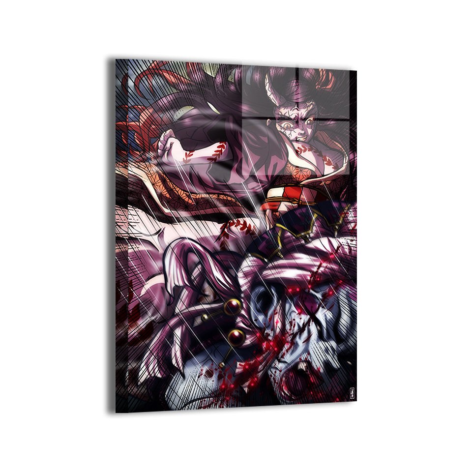 Blood Moon Rampage Metal Print — intense Demon Slayer fight featuring Nezuko’s transformation, artwork by Ray Dash; modern sheen, ready to hang.