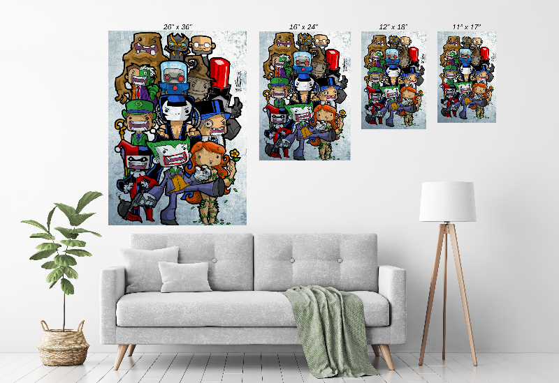 Alt Text: metal print featuring Batman’s full rogue’s gallery in cartoon style
