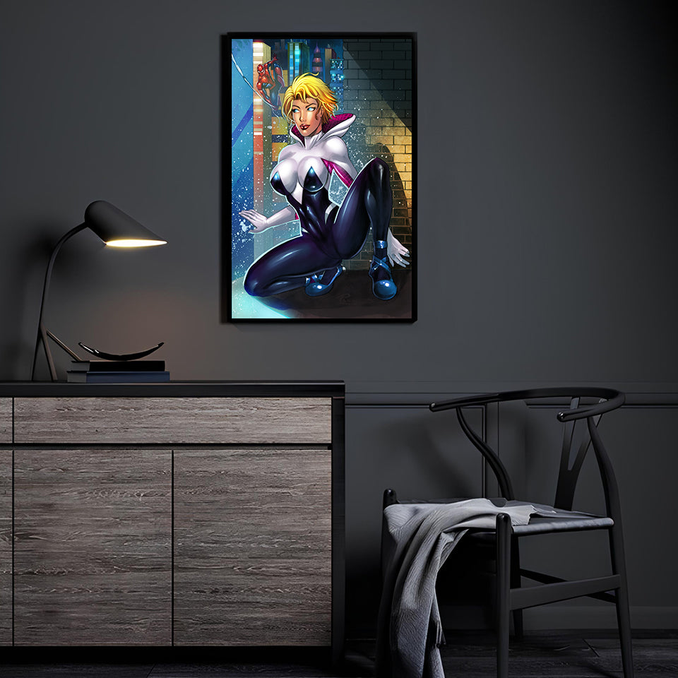 Spider-Gwen crouched in city shadows, Spider-Man in distance, 11x17 art