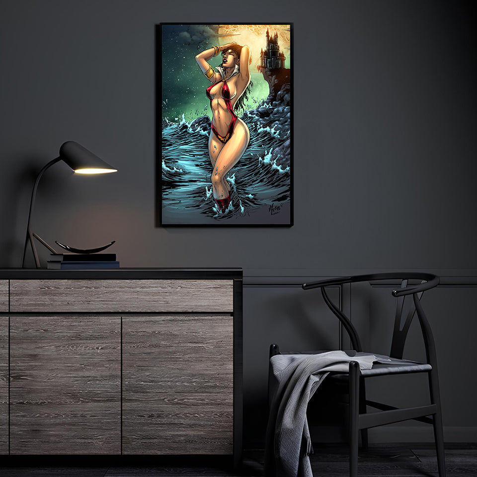 Vampirella rising from ocean waves under moonlight – poster print