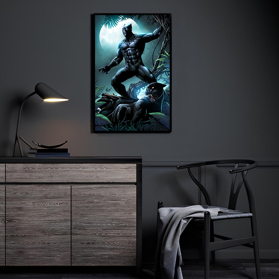 Black Panther crouched with panther companion under full moon – poster print