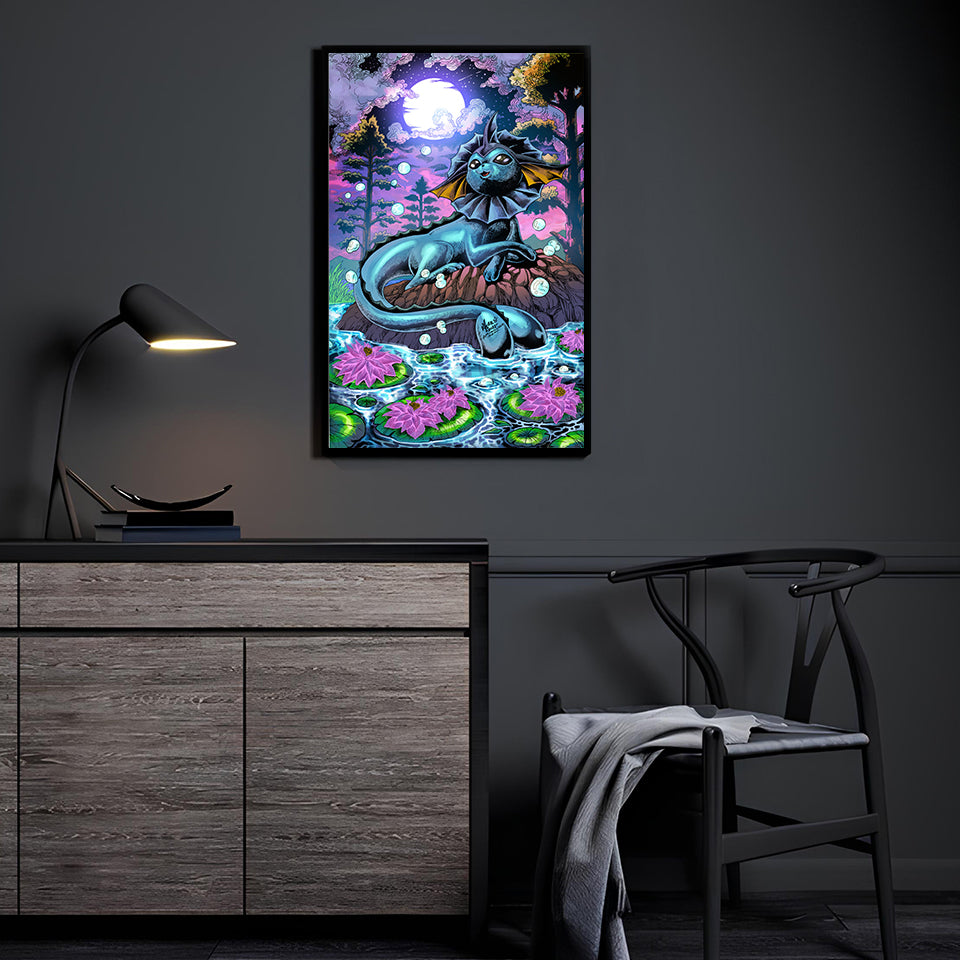 Vaporeon relaxing on a rock in a moonlit pond – poster print
