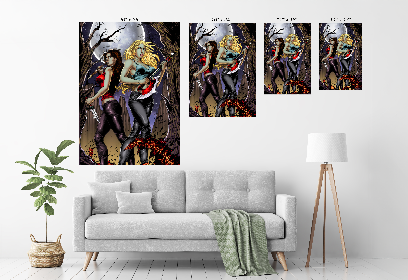 Alt Text: prints of two female warriors with blades under a full moon by Vhon Remot