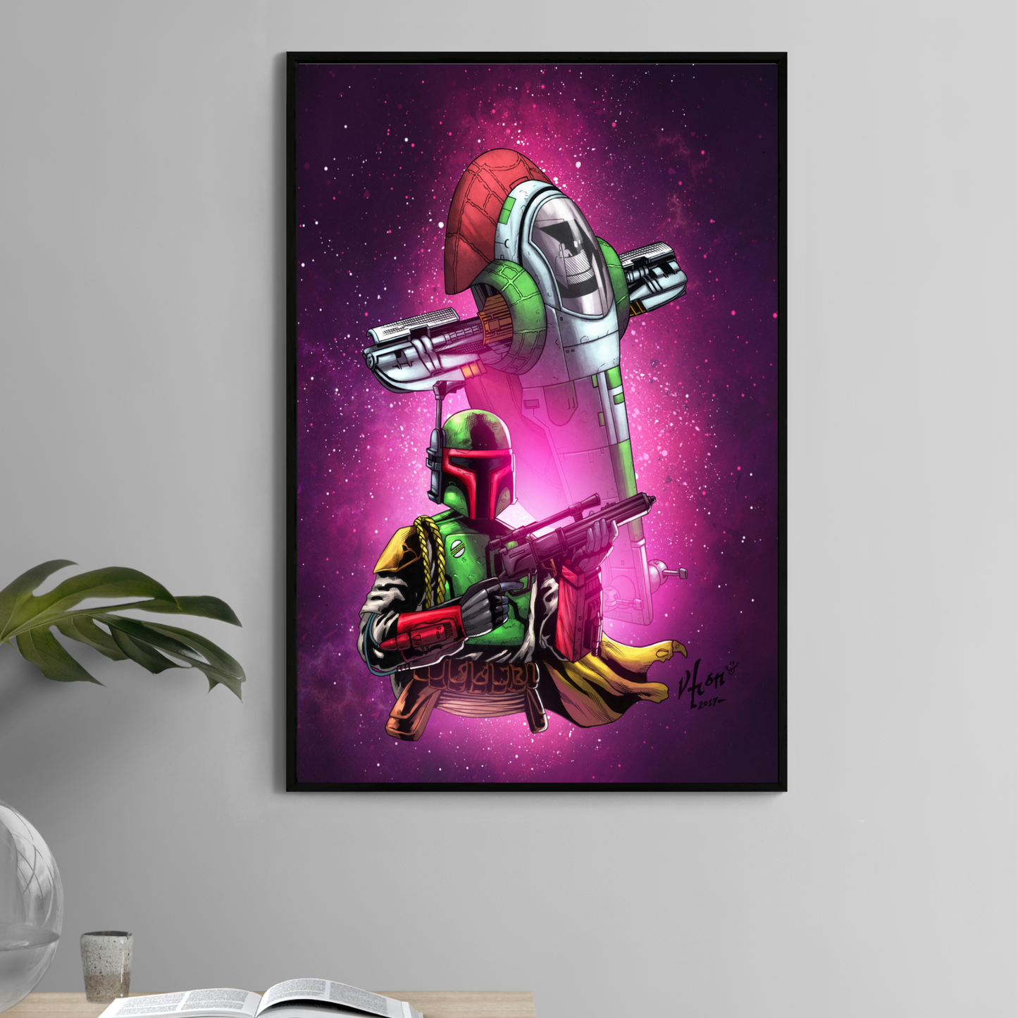 11x17 print of Boba Fett with Slave I in neon galaxy by Vhon Remot