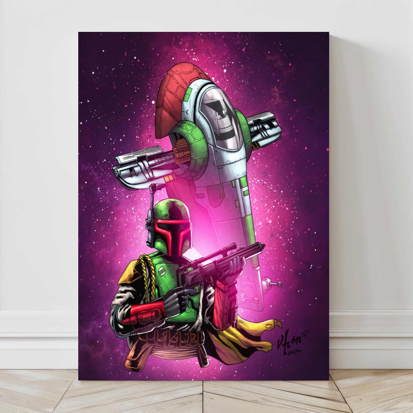 Alt Text: 24x36 large canvas of Star Wars bounty hunter and ship in neon glow