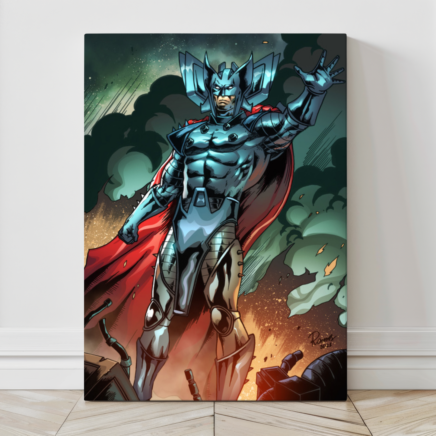 Marvel villain Stryfe stands in full armor over destruction in this 24x36 Canvas Print artwork by Carlos Ramos and Nestor Redulla Jr.