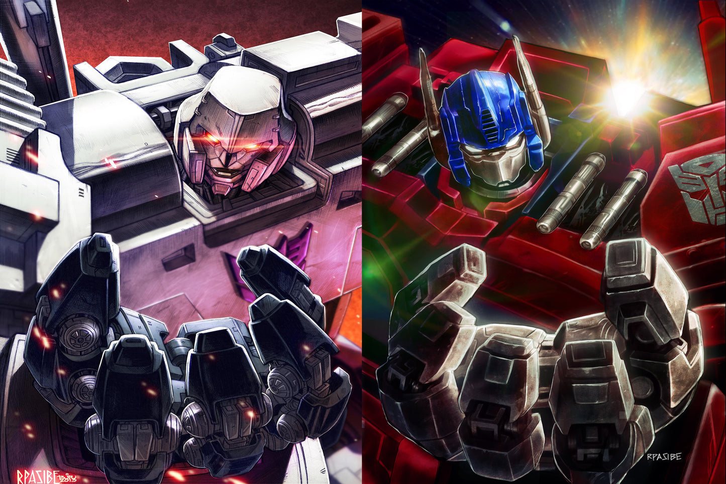 "Battle of Titans – Optimus Prime vs. Megatron Wall Art on canvas, acrylic, and metal – front view featuring a split design of the two iconic Transformers leaders."