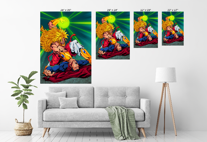 DBZ vs DC crossover canvas featuring Broly and Superman – Size Chart