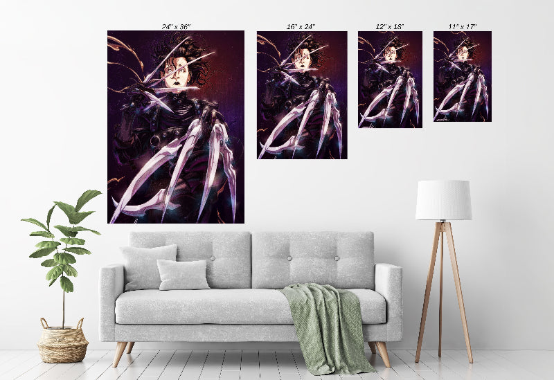 Room mockup — framed Porcelain Blade Reverie centerpiece; dark-romantic, Burtonesque décor.