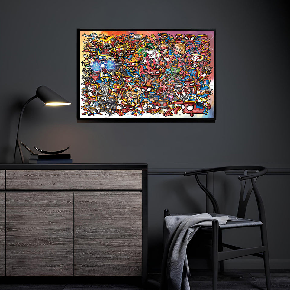 Web of the Spider-Verse Poster Print — sprawling Spider-Man variant collage (Gwen, Miles, 2099, Scarlet, Noir, Punk, etc.), artwork by Jeff Benitez — vivid, high-detail poster.