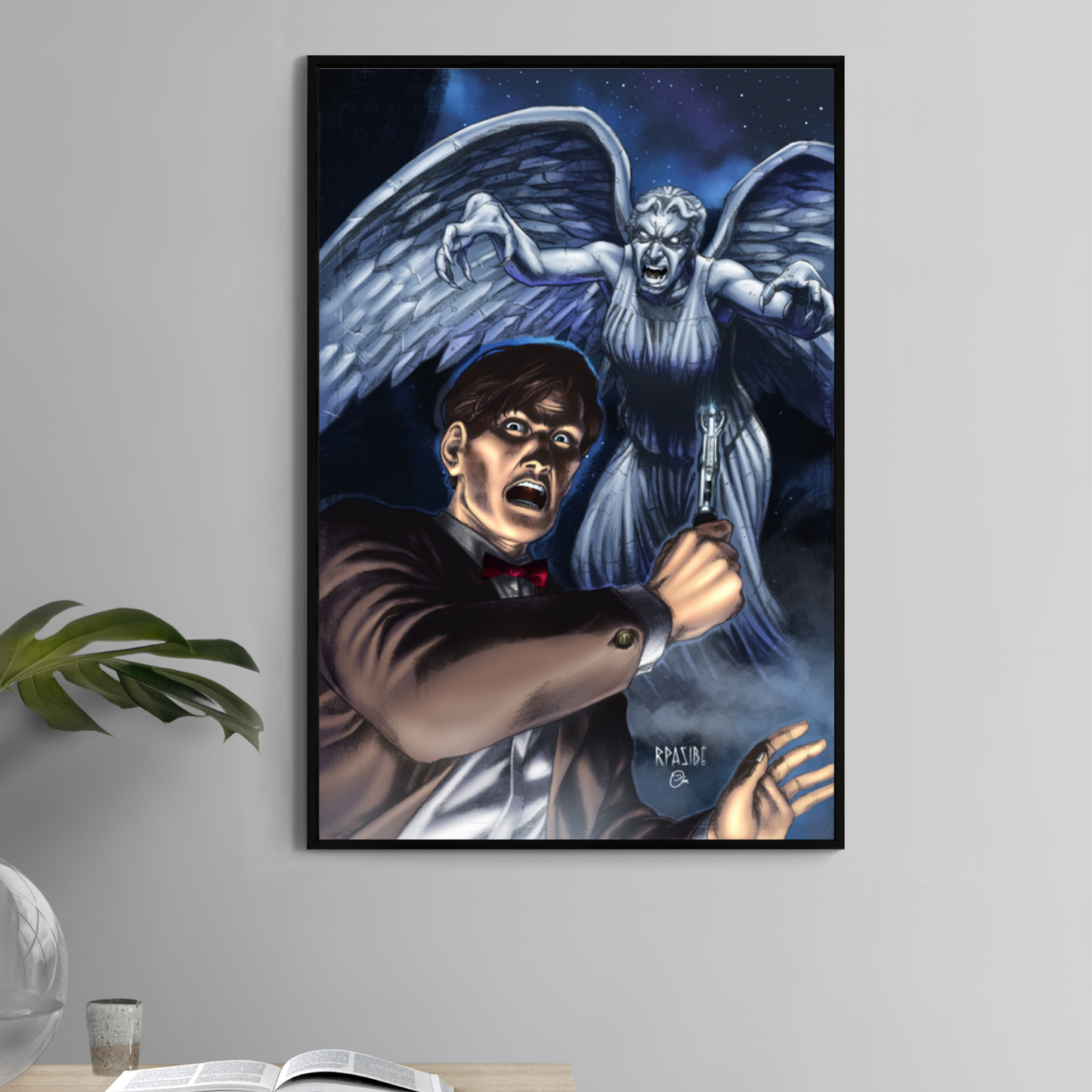 Alt Text: Poster print of the Doctor facing a Weeping Angel with fear, holding a sonic screwdriver, artwork by Ryan Pasibe