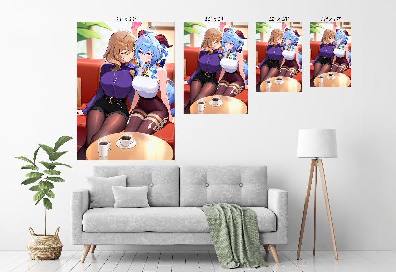 Four anime-style posters on a wall above a gray sofa in a living room.